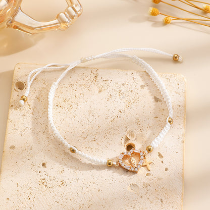 Hand-woven Cross Pendant Pull-out Bracelet For Women Simple Crystal Inlaid Heart-shaped Copper Alloy Bracelet