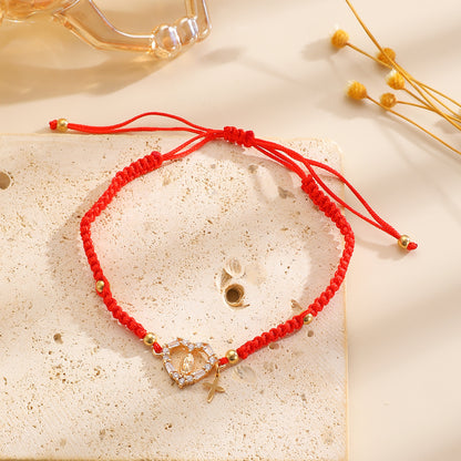 Hand-woven Cross Pendant Pull-out Bracelet For Women Simple Crystal Inlaid Heart-shaped Copper Alloy Bracelet