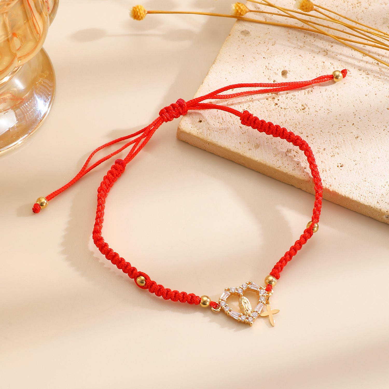 Hand-woven Cross Pendant Pull-out Bracelet For Women Simple Crystal Inlaid Heart-shaped Copper Alloy Bracelet