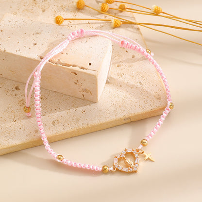 Hand-woven Cross Pendant Pull-out Bracelet For Women Simple Crystal Inlaid Heart-shaped Copper Alloy Bracelet
