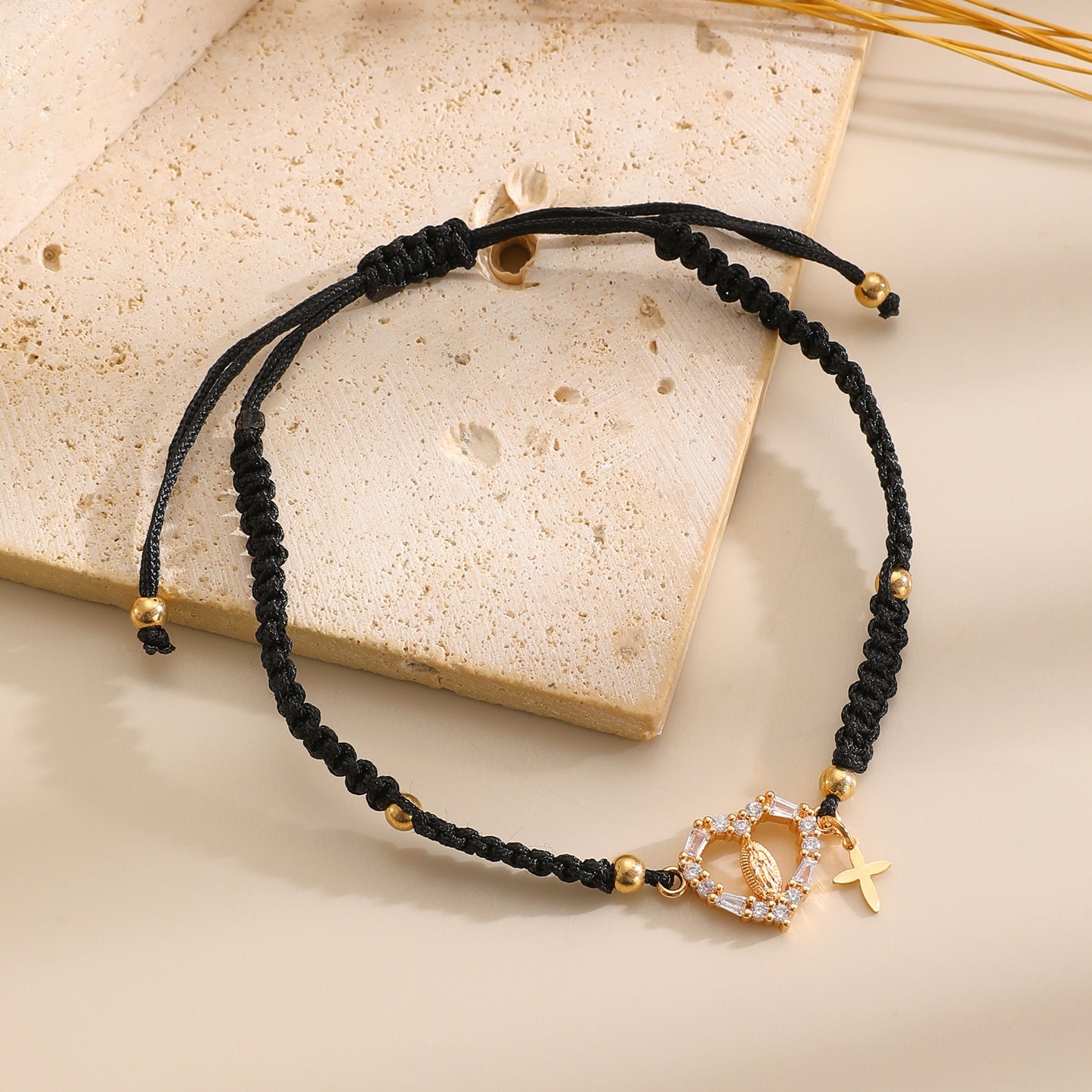 Hand-woven Cross Pendant Pull-out Bracelet For Women Simple Crystal Inlaid Heart-shaped Copper Alloy Bracelet
