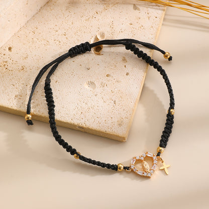 Hand-woven Cross Pendant Pull-out Bracelet For Women Simple Crystal Inlaid Heart-shaped Copper Alloy Bracelet