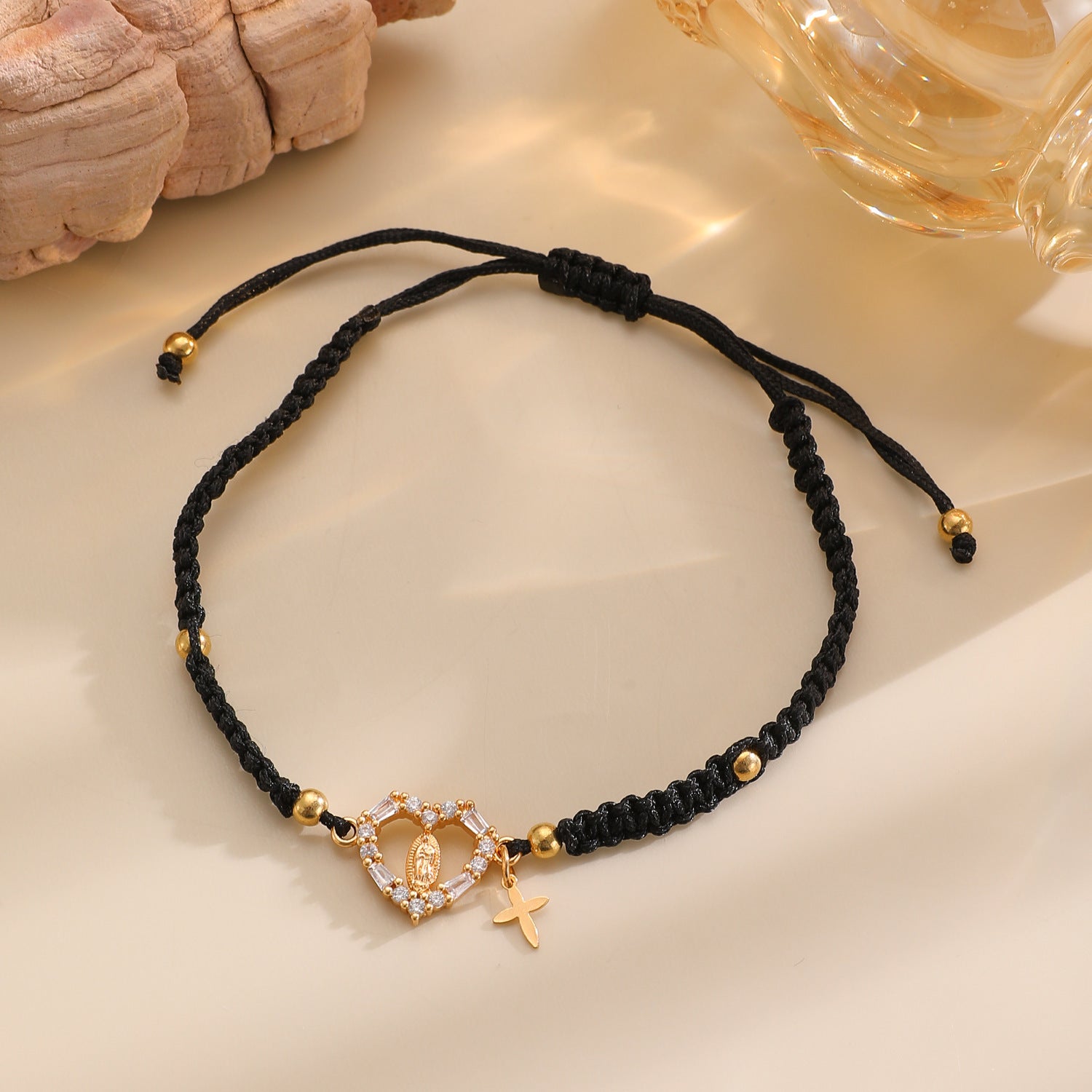 Hand-woven Cross Pendant Pull-out Bracelet For Women Simple Crystal Inlaid Heart-shaped Copper Alloy Bracelet