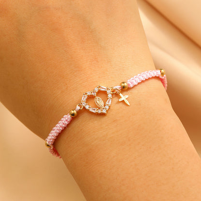 Hand-woven Cross Pendant Pull-out Bracelet For Women Simple Crystal Inlaid Heart-shaped Copper Alloy Bracelet