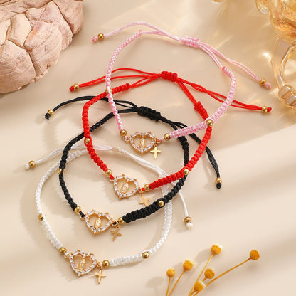 Hand-woven Cross Pendant Pull-out Bracelet For Women Simple Crystal Inlaid Heart-shaped Copper Alloy Bracelet