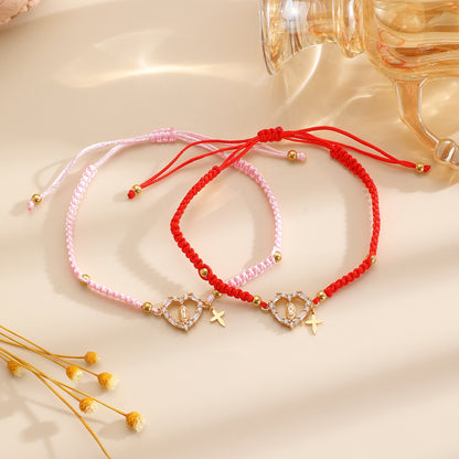 Hand-woven Cross Pendant Pull-out Bracelet For Women Simple Crystal Inlaid Heart-shaped Copper Alloy Bracelet