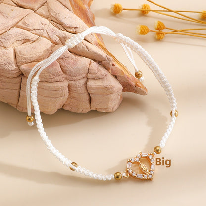 Hand-woven Cross Pendant Pull-out Bracelet For Women Simple Crystal Inlaid Heart-shaped Copper Alloy Bracelet