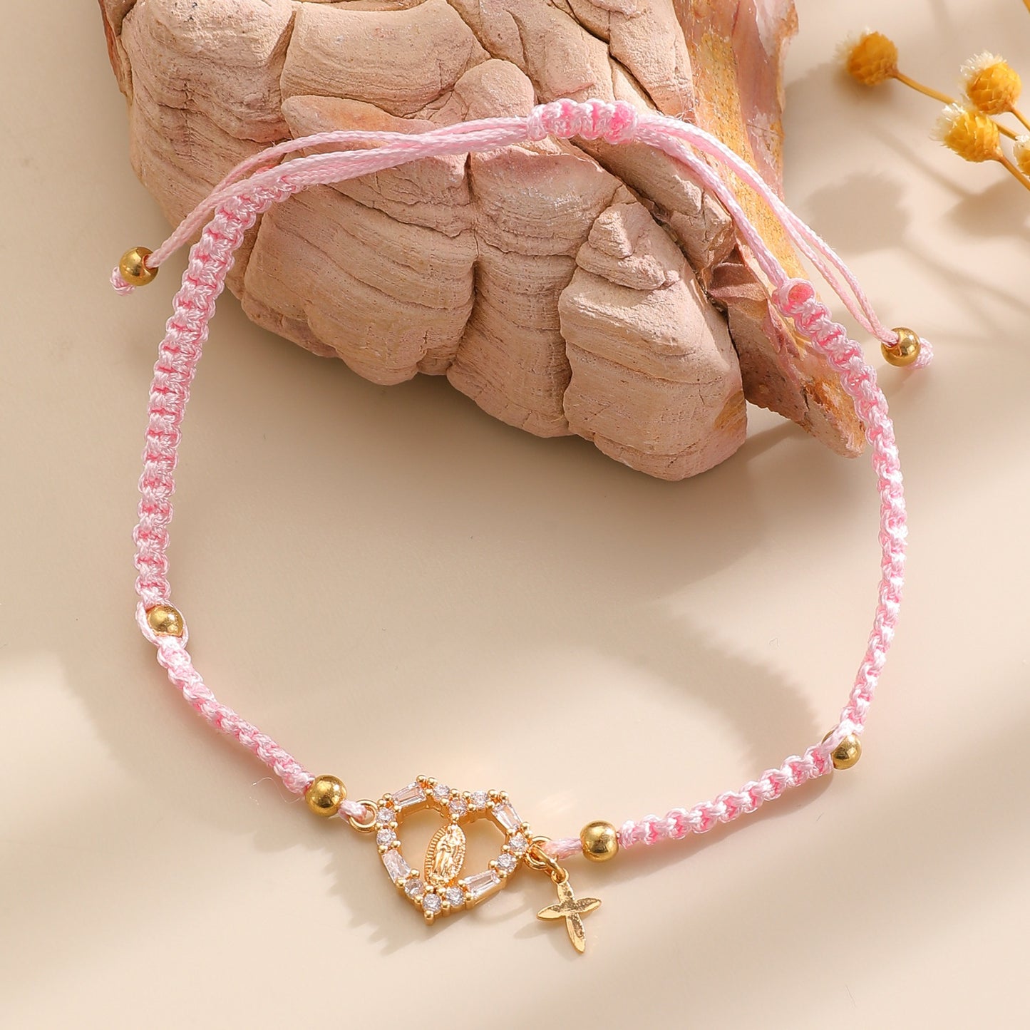 Hand-woven Cross Pendant Pull-out Bracelet For Women Simple Crystal Inlaid Heart-shaped Copper Alloy Bracelet