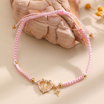 Hand-woven Cross Pendant Pull-out Bracelet For Women Simple Crystal Inlaid Heart-shaped Copper Alloy Bracelet