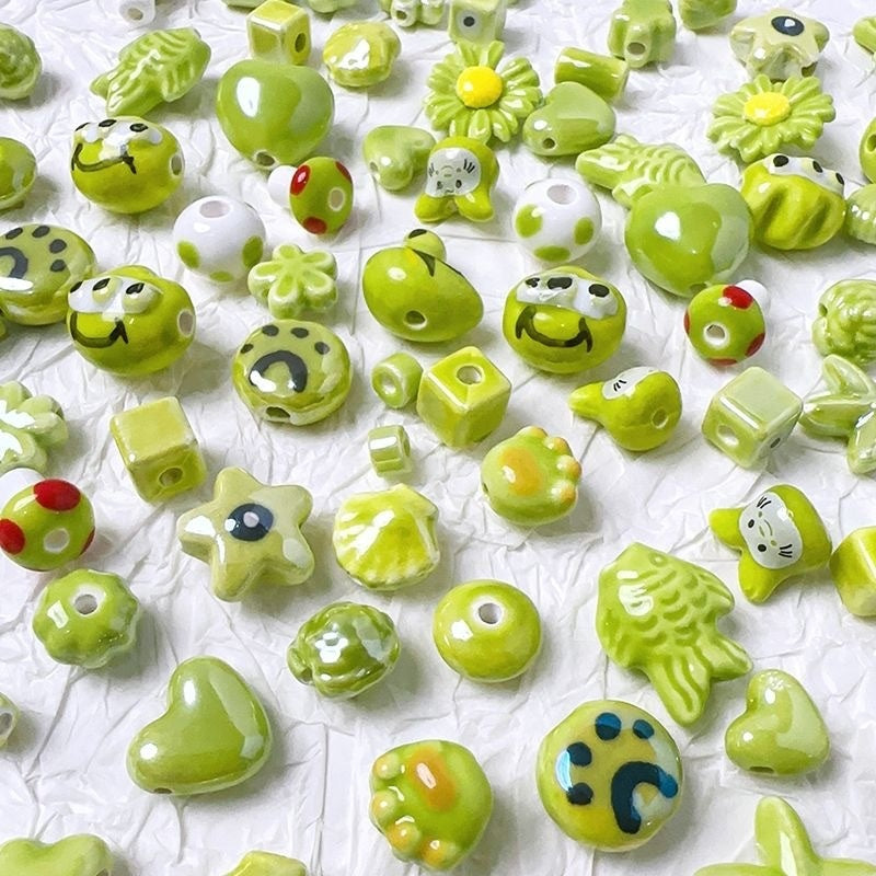 Handmade DIY Ceramic Beads Green Series Round Heart Star Shape Bracelet Accessories Handbag Charms Pendants Craft Supplies