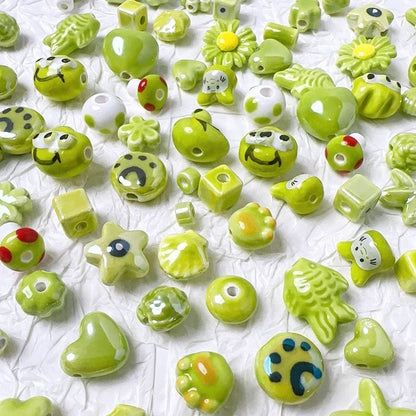 Handmade DIY Ceramic Beads Green Series Round Heart Star Shape Bracelet Accessories Handbag Charms Pendants Craft Supplies