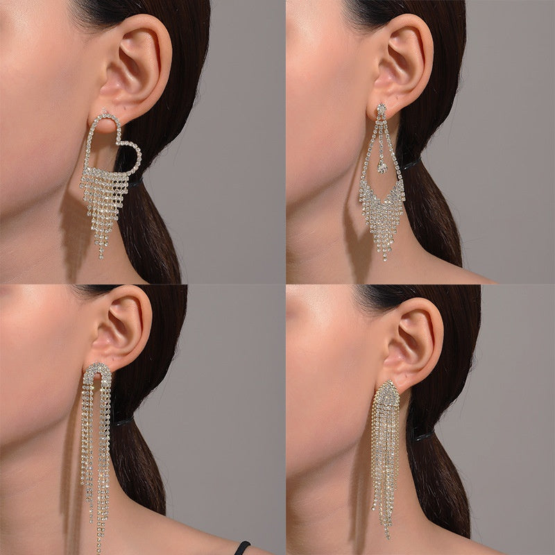 Long Tassel Earrings For Women Super Shiny Butterfly Heart-shaped Rhinestone Pendant Stud Earrings Shiny Jewelry
