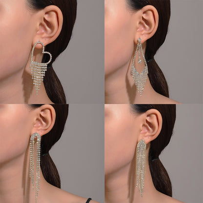Long Tassel Earrings For Women Super Shiny Butterfly Heart-shaped Rhinestone Pendant Stud Earrings Shiny Jewelry