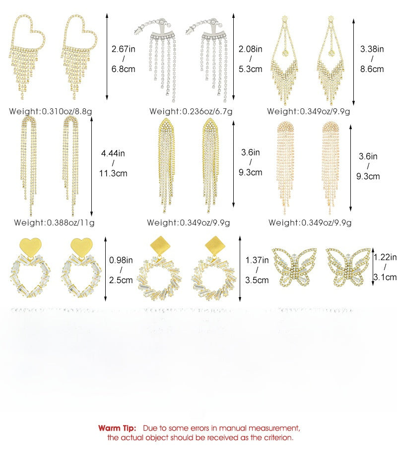 Long Tassel Earrings For Women Super Shiny Butterfly Heart-shaped Rhinestone Pendant Stud Earrings Shiny Jewelry