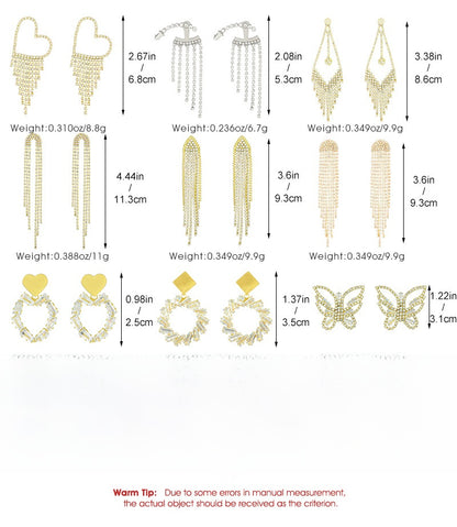 Long Tassel Earrings For Women Super Shiny Butterfly Heart-shaped Rhinestone Pendant Stud Earrings Shiny Jewelry