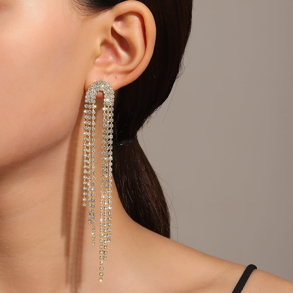 Long Tassel Earrings For Women Super Shiny Butterfly Heart-shaped Rhinestone Pendant Stud Earrings Shiny Jewelry
