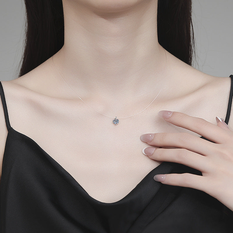 925 Sterling Silver Silver Piece Necklace Moissanite Mermaid Tears Invisible Fish Line Simple Pendant Clavicle Chain Jewelry
