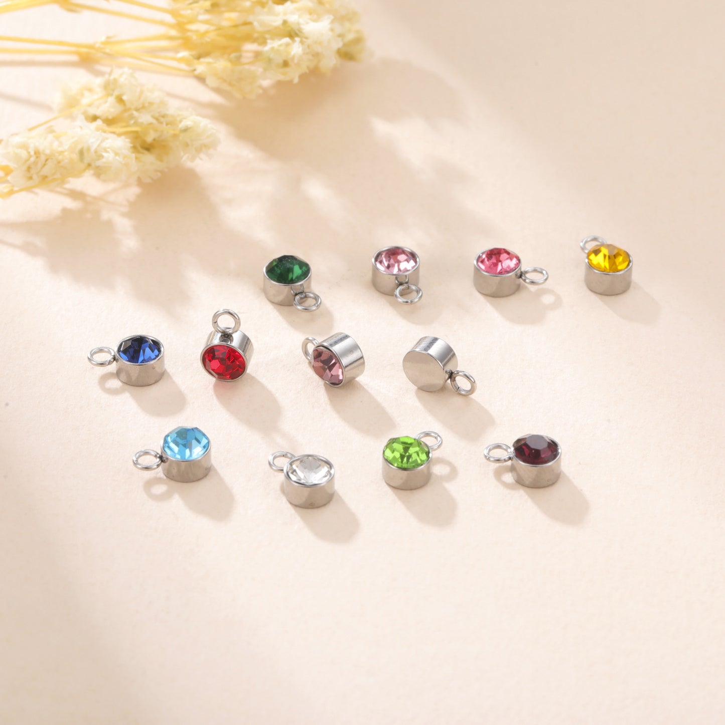 Stainless Steel Single Hole Birthstone Jewelry Accessories DIY Colorful Diamond Inlaid Necklace Bracelet Earrings Pendant