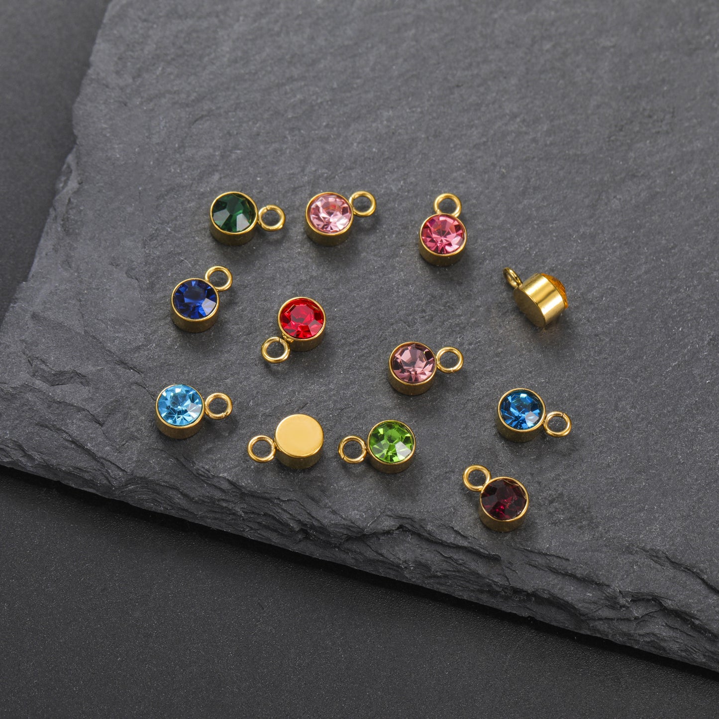 Stainless Steel Single Hole Birthstone Jewelry Accessories DIY Colorful Diamond Inlaid Necklace Bracelet Earrings Pendant