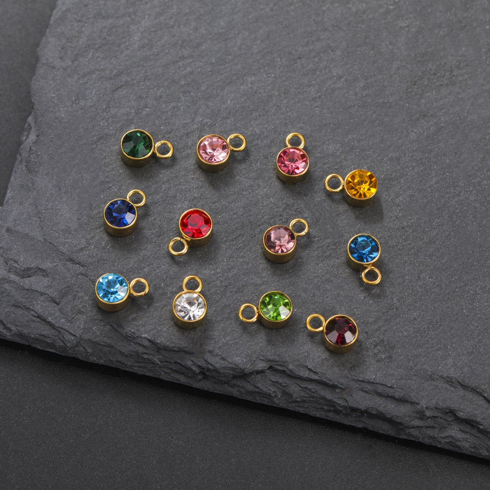 Stainless Steel Single Hole Birthstone Jewelry Accessories DIY Colorful Diamond Inlaid Necklace Bracelet Earrings Pendant