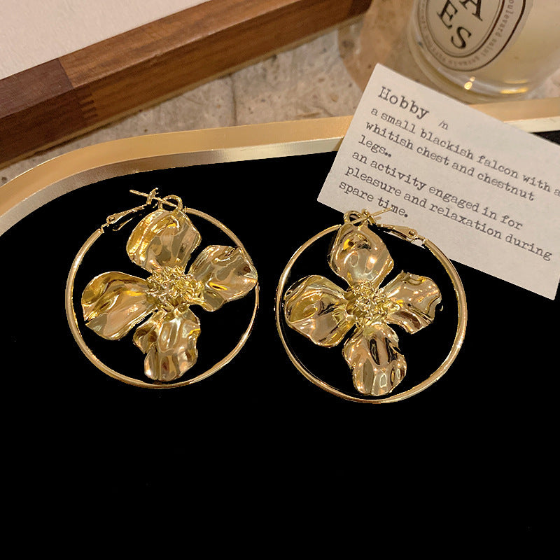 Bohemian Floral Metal Hoop Earrings For Women Vintage Design Simple Rose Gold Bow