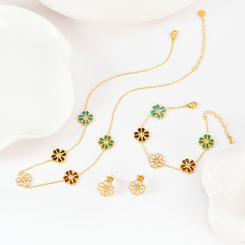 Colorful Shell Heart-Shaped Four-Leaf Clover Single Diamond Octagonal Star Necklace Earrings Bracelet Set For Women