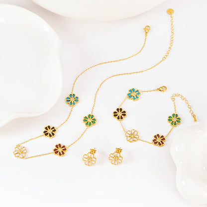 Colorful Shell Heart-Shaped Four-Leaf Clover Single Diamond Octagonal Star Necklace Earrings Bracelet Set For Women
