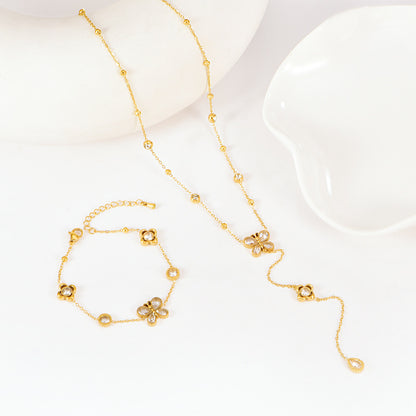 Butterfly Bracelet Hollow Four-leaf Flower White Diamond Stainless Steel Gold Tassel Collarbone Necklace Women's Jewelry Set