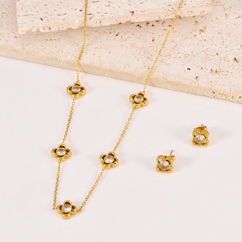 Titanium Steel Earrings With White Diamond Flower Pendant Bracelet Non-Fading Collarbone Necklace Jewelry Set