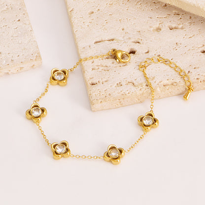 Titanium Steel Earrings With White Diamond Flower Pendant Bracelet Non-Fading Collarbone Necklace Jewelry Set