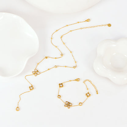 Butterfly Bracelet Hollow Four-leaf Flower White Diamond Stainless Steel Gold Tassel Collarbone Necklace Women's Jewelry Set