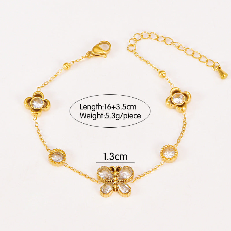 Butterfly Bracelet Hollow Four-leaf Flower White Diamond Stainless Steel Gold Tassel Collarbone Necklace Women's Jewelry Set