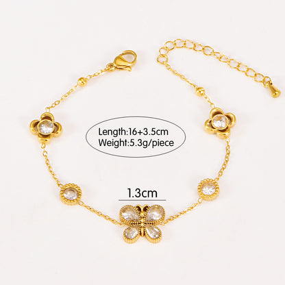 Butterfly Bracelet Hollow Four-leaf Flower White Diamond Stainless Steel Gold Tassel Collarbone Necklace Women's Jewelry Set