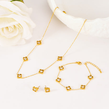 Titanium Steel Earrings With White Diamond Flower Pendant Bracelet Non-Fading Collarbone Necklace Jewelry Set