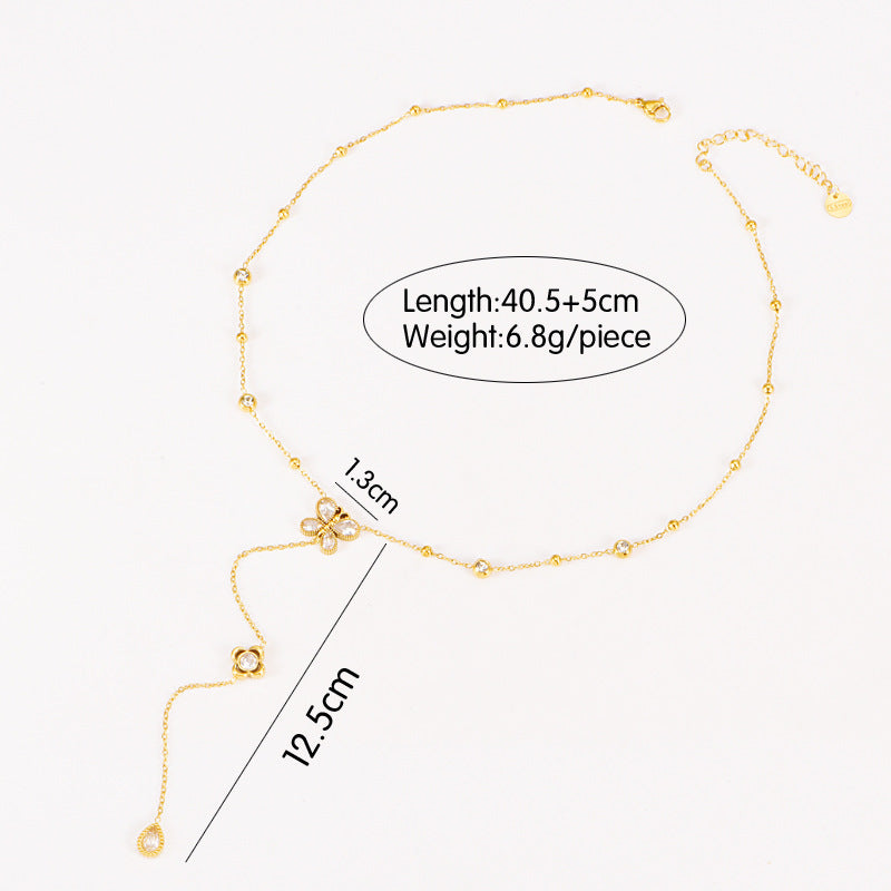 Butterfly Bracelet Hollow Four-leaf Flower White Diamond Stainless Steel Gold Tassel Collarbone Necklace Women's Jewelry Set