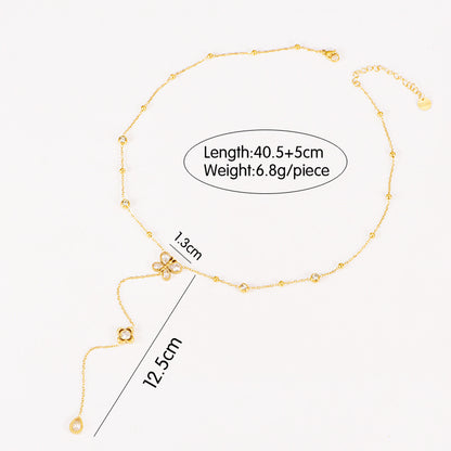Butterfly Bracelet Hollow Four-leaf Flower White Diamond Stainless Steel Gold Tassel Collarbone Necklace Women's Jewelry Set