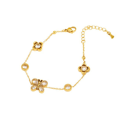 Butterfly Bracelet Hollow Four-leaf Flower White Diamond Stainless Steel Gold Tassel Collarbone Necklace Women's Jewelry Set