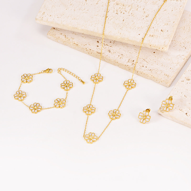 Colorful Shell Heart-Shaped Four-Leaf Clover Single Diamond Octagonal Star Necklace Earrings Bracelet Set For Women