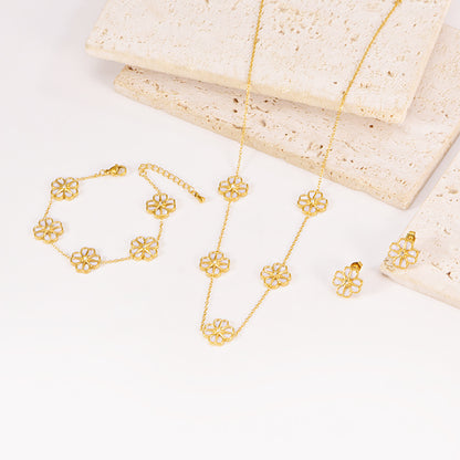 Colorful Shell Heart-Shaped Four-Leaf Clover Single Diamond Octagonal Star Necklace Earrings Bracelet Set For Women