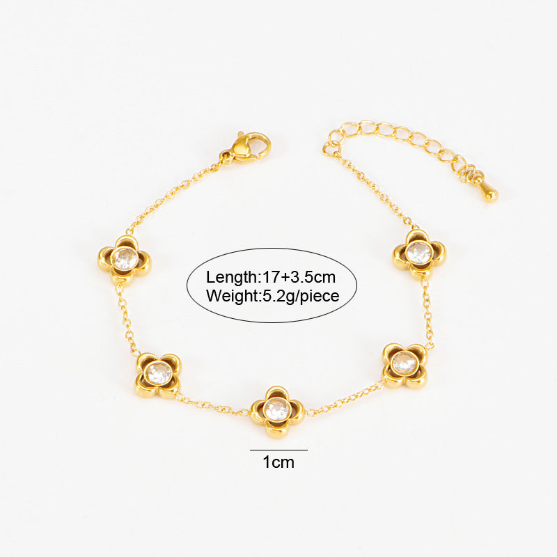 Titanium Steel Earrings With White Diamond Flower Pendant Bracelet Non-Fading Collarbone Necklace Jewelry Set