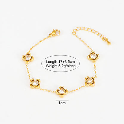 Titanium Steel Earrings With White Diamond Flower Pendant Bracelet Non-Fading Collarbone Necklace Jewelry Set