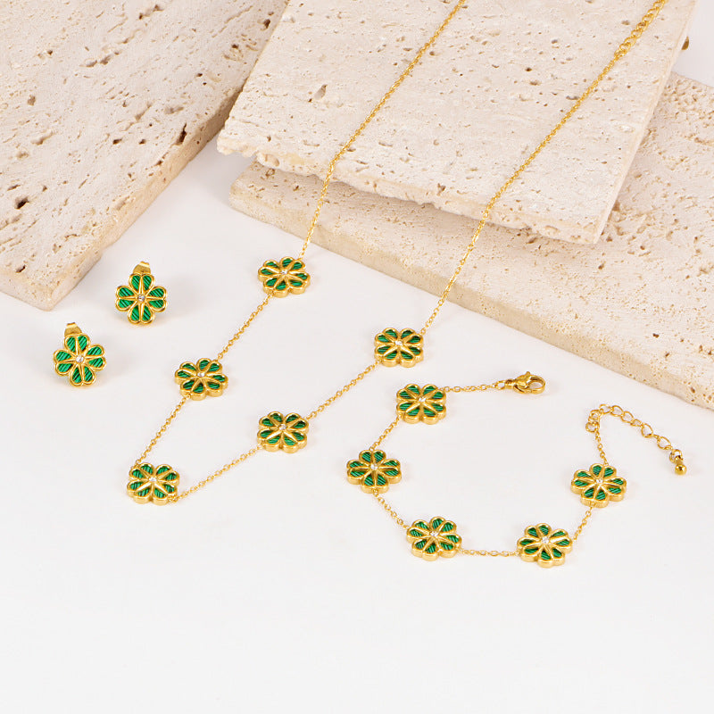 Colorful Shell Heart-Shaped Four-Leaf Clover Single Diamond Octagonal Star Necklace Earrings Bracelet Set For Women