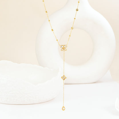 Butterfly Bracelet Hollow Four-leaf Flower White Diamond Stainless Steel Gold Tassel Collarbone Necklace Women's Jewelry Set