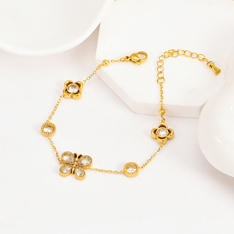 Butterfly Bracelet Hollow Four-leaf Flower White Diamond Stainless Steel Gold Tassel Collarbone Necklace Women's Jewelry Set
