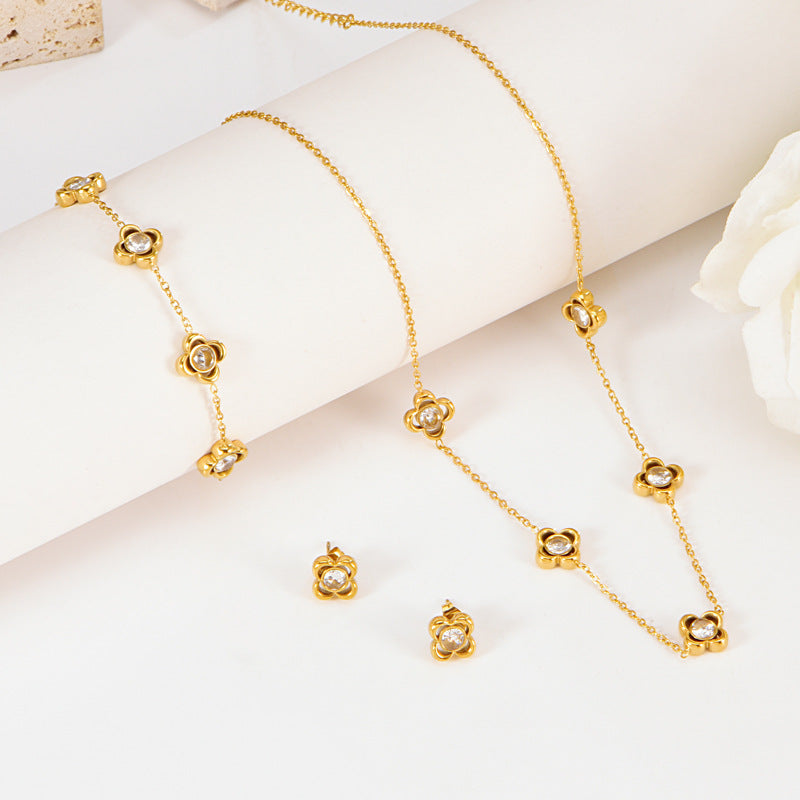 Titanium Steel Earrings With White Diamond Flower Pendant Bracelet Non-Fading Collarbone Necklace Jewelry Set