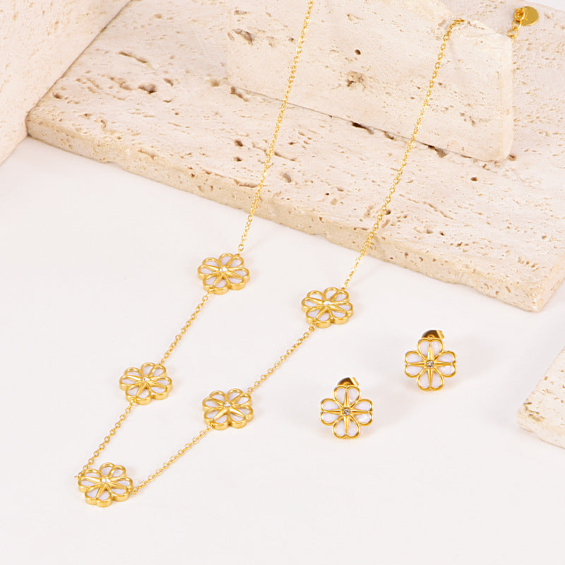 Colorful Shell Heart-Shaped Four-Leaf Clover Single Diamond Octagonal Star Necklace Earrings Bracelet Set For Women