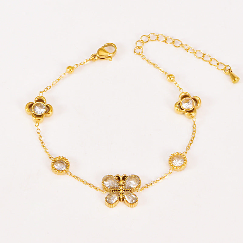 Butterfly Bracelet Hollow Four-leaf Flower White Diamond Stainless Steel Gold Tassel Collarbone Necklace Women's Jewelry Set