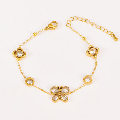 Butterfly Bracelet Hollow Four-leaf Flower White Diamond Stainless Steel Gold Tassel Collarbone Necklace Women's Jewelry Set