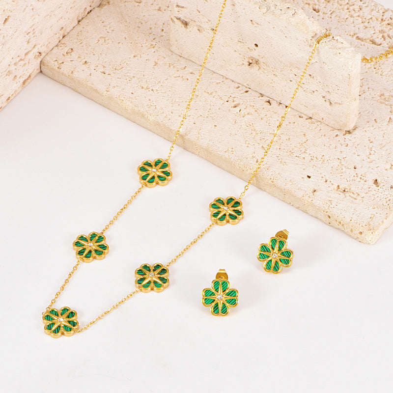 Colorful Shell Heart-Shaped Four-Leaf Clover Single Diamond Octagonal Star Necklace Earrings Bracelet Set For Women