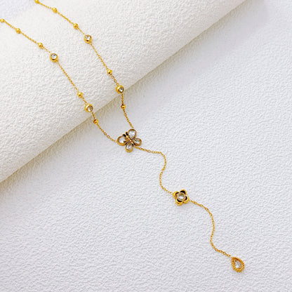 Butterfly Bracelet Hollow Four-leaf Flower White Diamond Stainless Steel Gold Tassel Collarbone Necklace Women's Jewelry Set